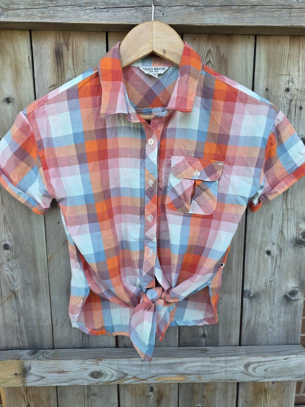 Lucky Brand Womens Large Plaid Short Sleeve Tie Front Button Down Blouse Top